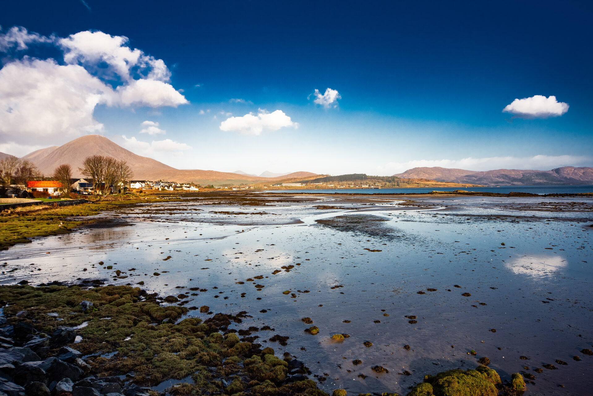 View across the bay towards mountains on the Isle of Skye